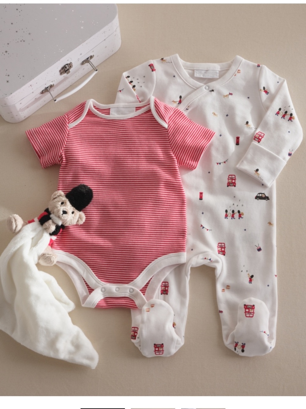Baby One-Piece Set - Red Stripe & White Printed Footed Romper
